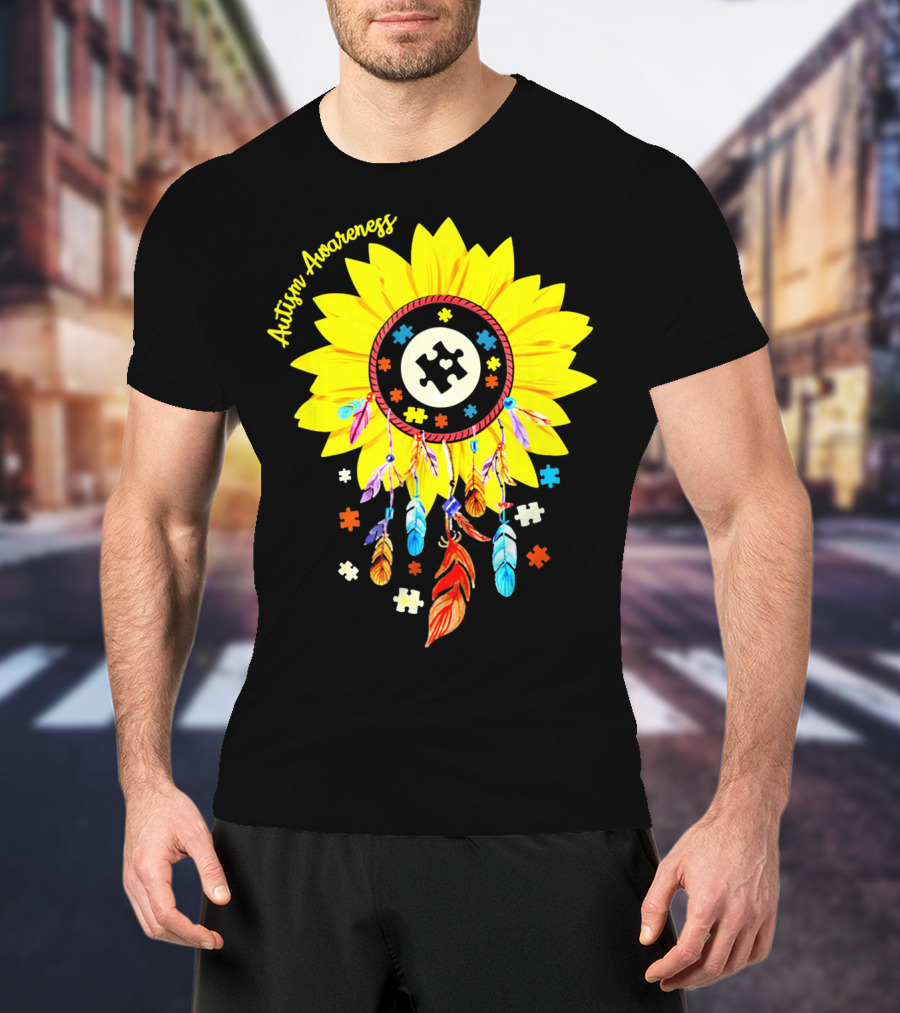 Autism Awareness Dream Catcher Sunflower With Puzzle Pieces T-Shirt
