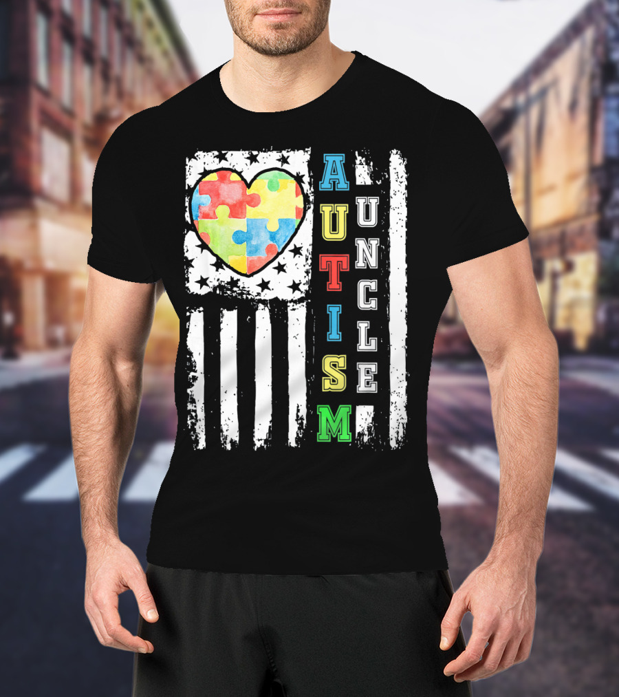 Autism Uncle US Flag Puzzle Heart T-Shirt