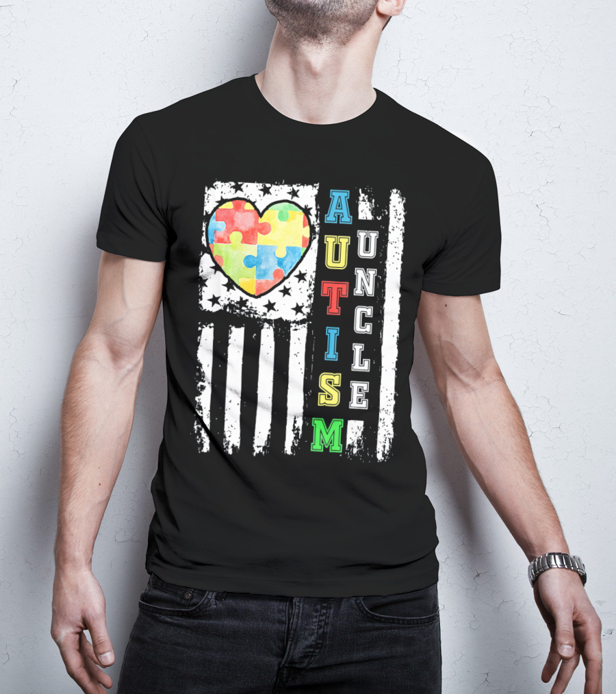 Autism Uncle US Flag Puzzle Heart T-Shirt