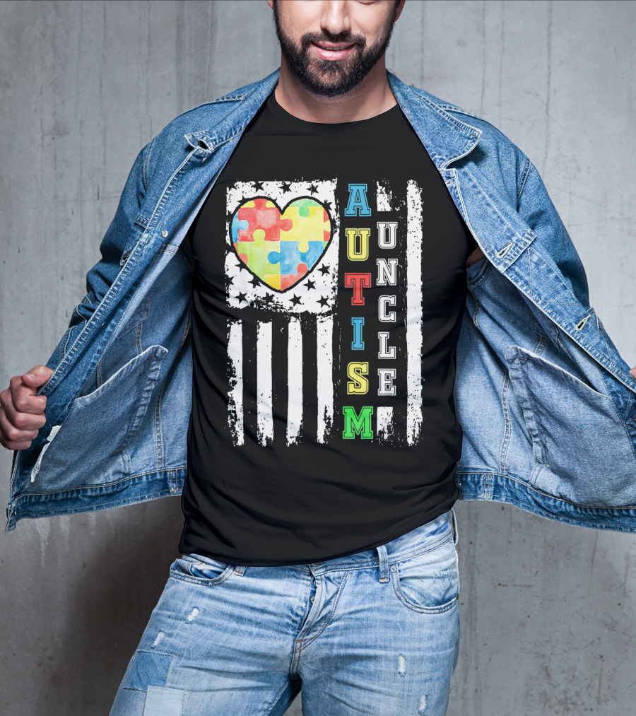 Autism Uncle US Flag Puzzle Heart T-Shirt