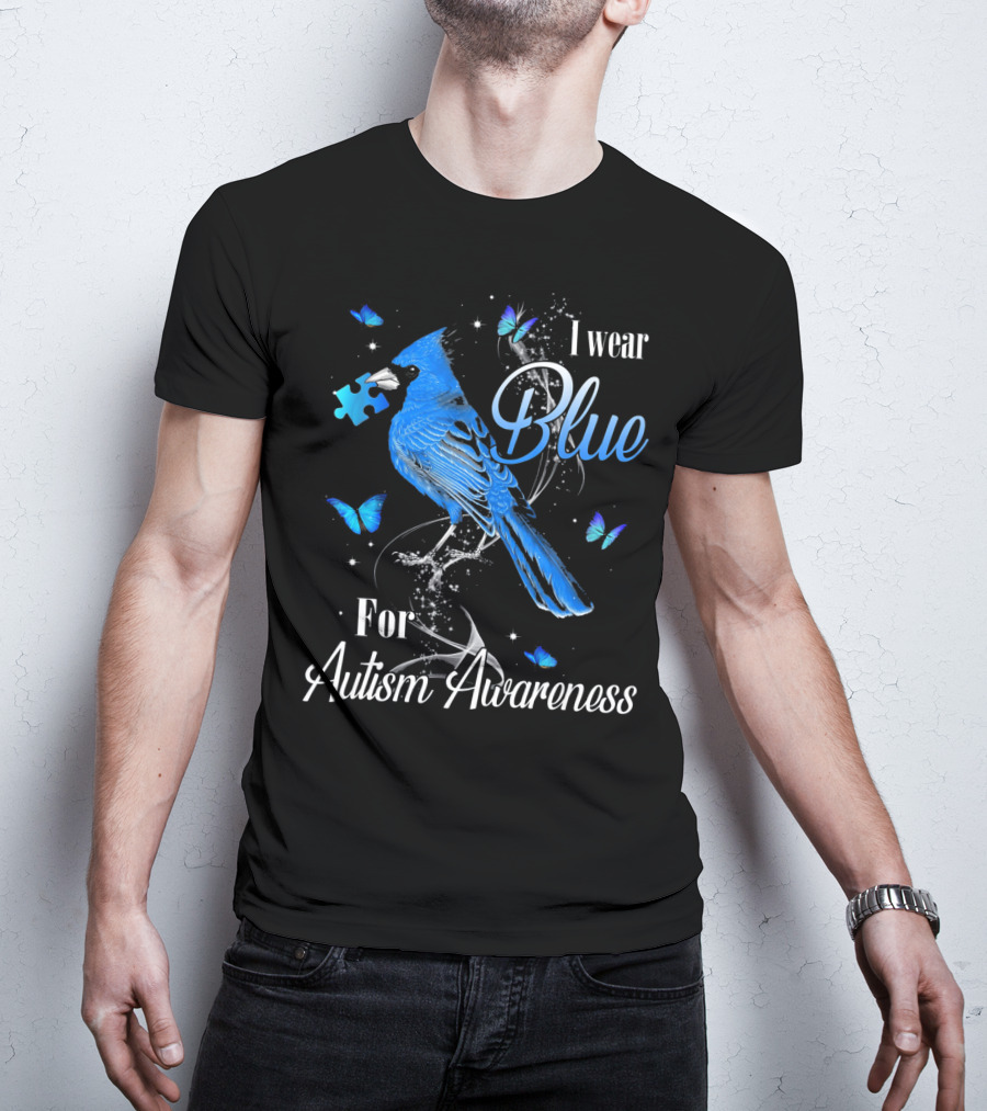 I Wear Blue For Autism Awareness Cardinal Bird Puzzle Piece Butterfly T-Shirt