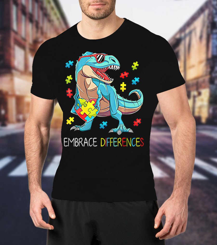 Embrace Differences Autism Awareness Dinosaur Rex Puzzle T-Shirt