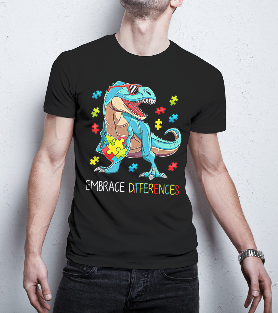 Embrace Differences Autism Awareness Dinosaur Rex Puzzle T-Shirt