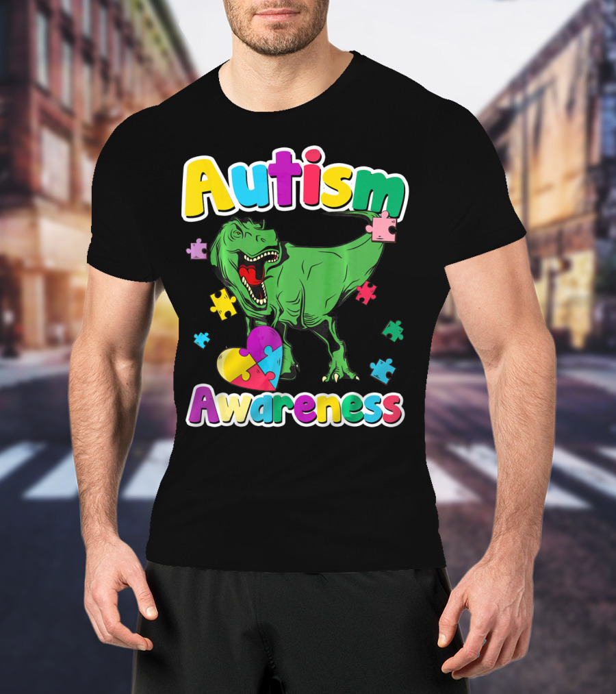 Autism Awareness Colorful Puzzle Tyrannosaurus T-Shirt