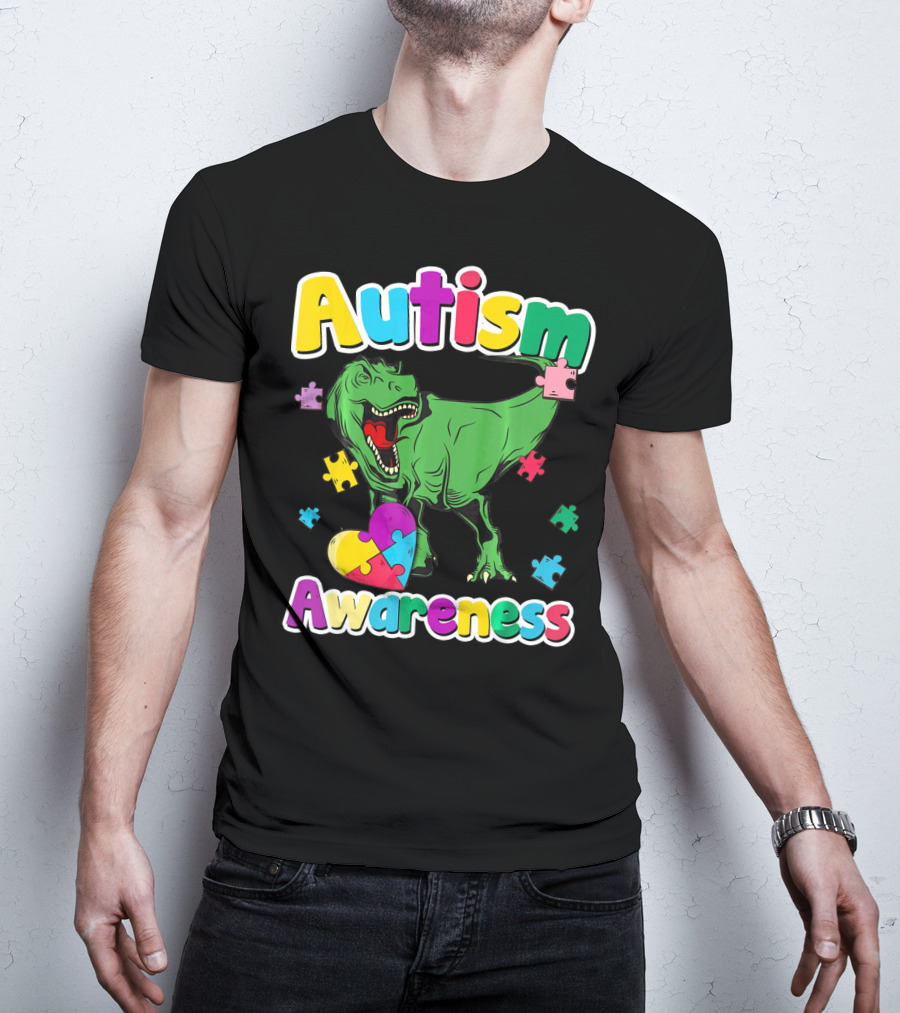 Autism Awareness Colorful Puzzle Tyrannosaurus T-Shirt