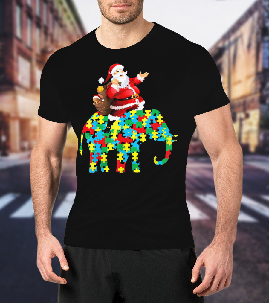 Santa Claus Riding Puzzle Piece Elephant Christmas Autism T-Shirt