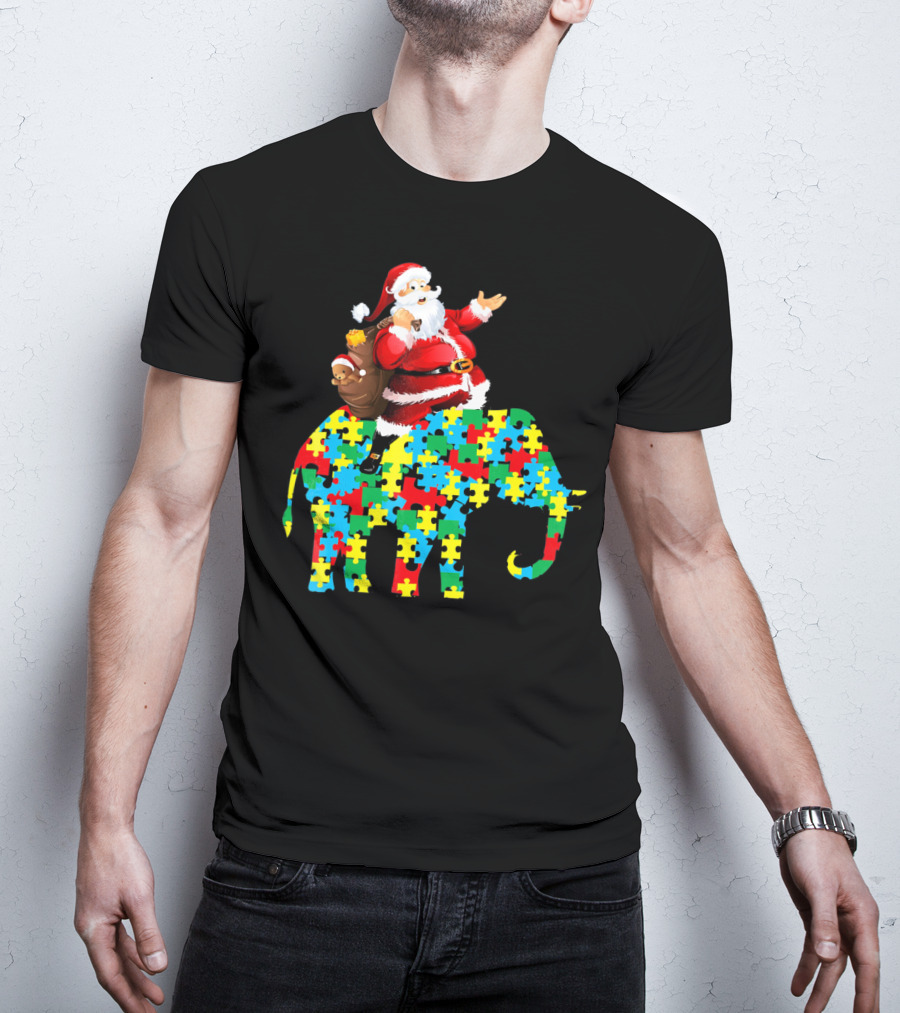 Santa Claus Riding Puzzle Piece Elephant Christmas Autism T-Shirt