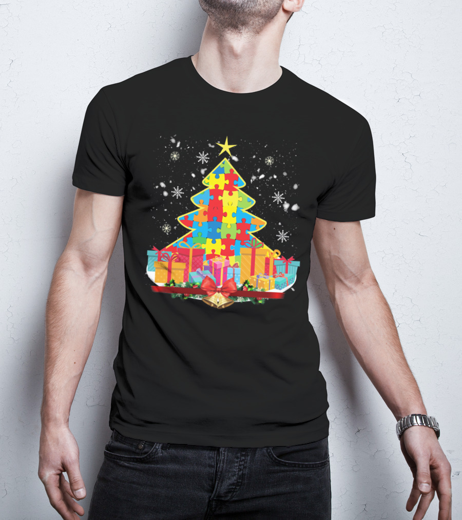 Christmas Tree Puzzle Pieces Autism Awareness T-Shirt