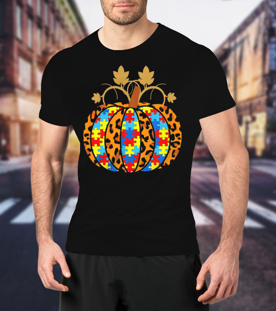 Autism Awareness Puzzle Pieces Leopard Print Pumpkin T-Shirt