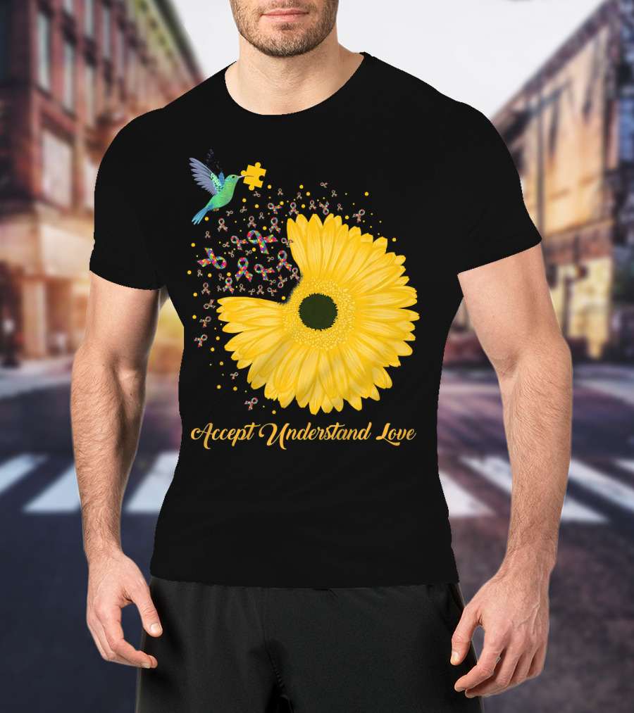 Sunflower Accept Understand Love Puzzle Piece Hummingbird Autism Awareness T-Shirt
