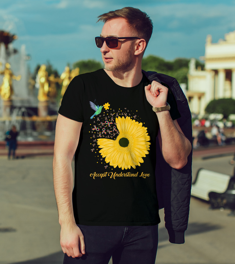 Sunflower Accept Understand Love Puzzle Piece Hummingbird Autism Awareness T-Shirt