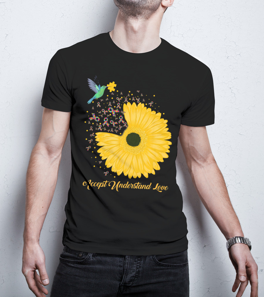 Sunflower Accept Understand Love Puzzle Piece Hummingbird Autism Awareness T-Shirt