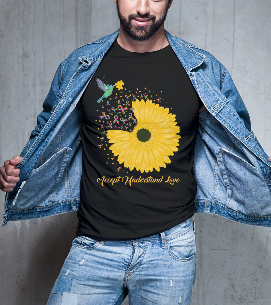 Sunflower Accept Understand Love Puzzle Piece Hummingbird Autism Awareness T-Shirt