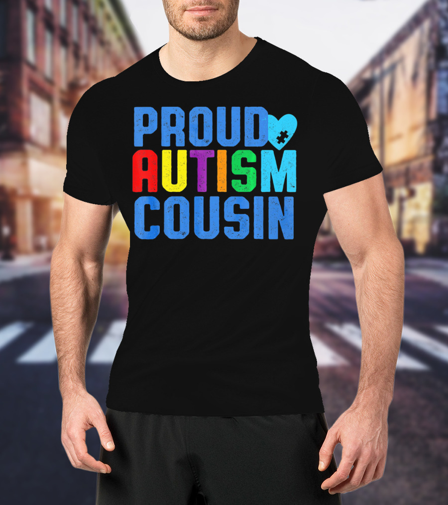 Proud Autism Cousin Family Support Rainbow Puzzle Heart T-Shirt