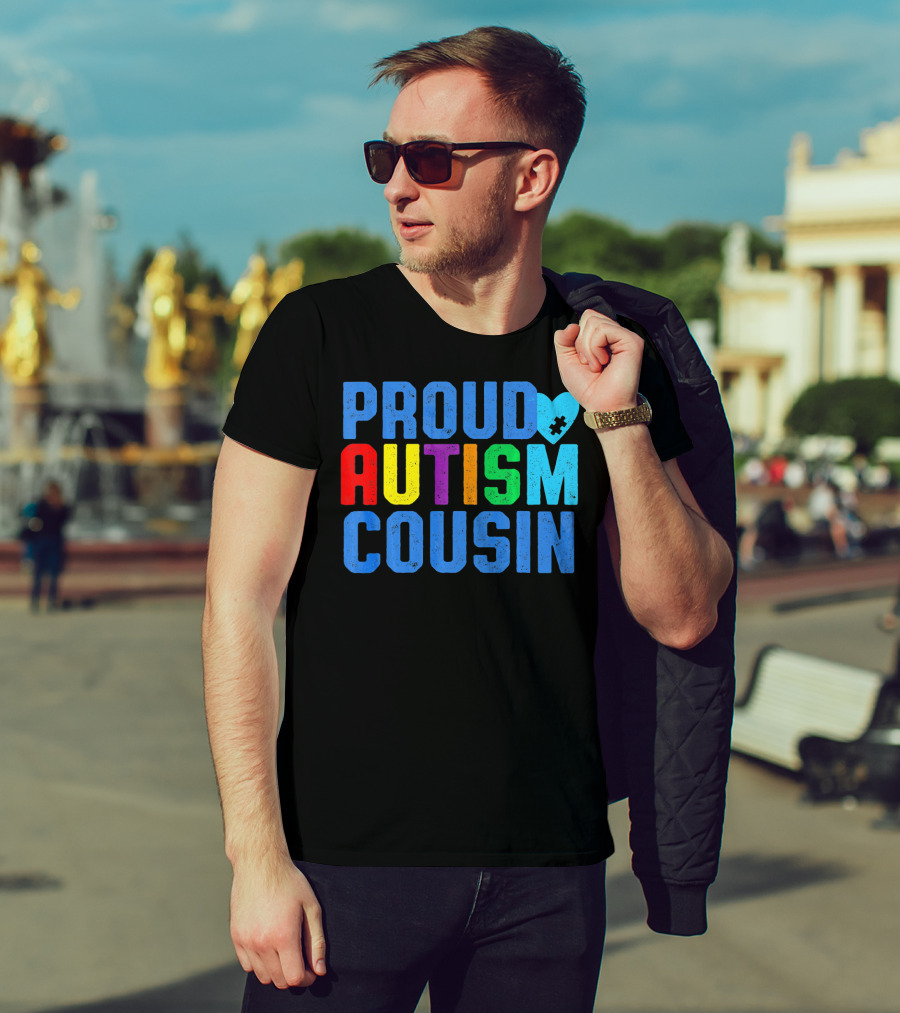 Proud Autism Cousin Family Support Rainbow Puzzle Heart T-Shirt