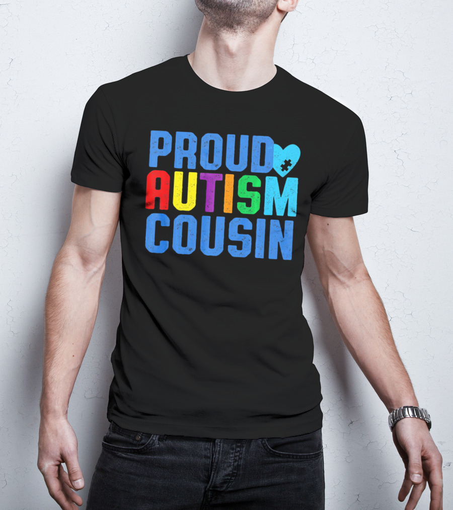 Proud Autism Cousin Family Support Rainbow Puzzle Heart T-Shirt