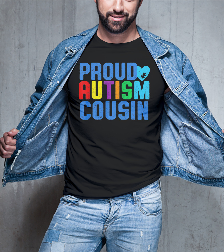 Proud Autism Cousin Family Support Rainbow Puzzle Heart T-Shirt