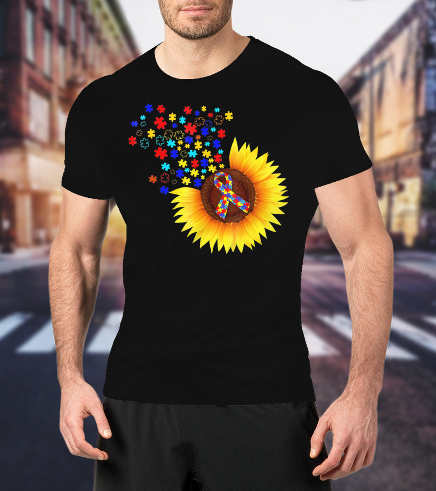 Sunflower Autism Awareness Ribbon With Colorful Puzzle Pieces T-Shirt