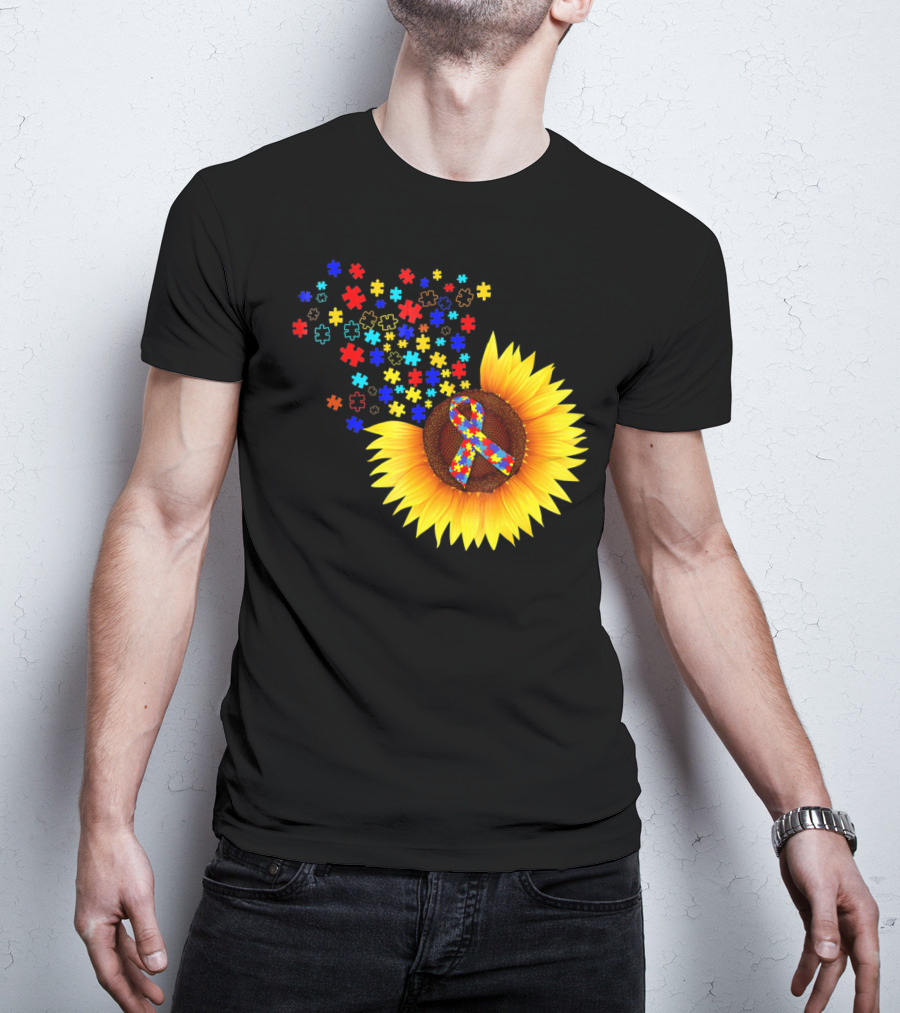 Sunflower Autism Awareness Ribbon With Colorful Puzzle Pieces T-Shirt