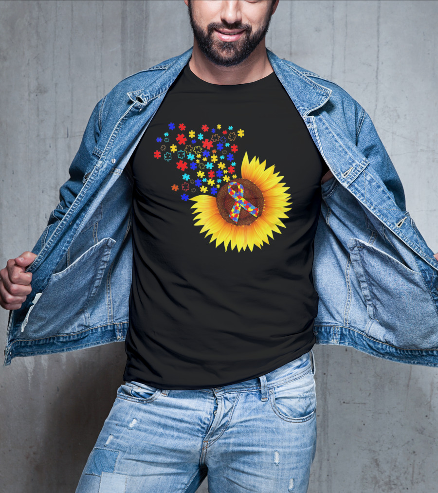 Sunflower Autism Awareness Ribbon With Colorful Puzzle Pieces T-Shirt