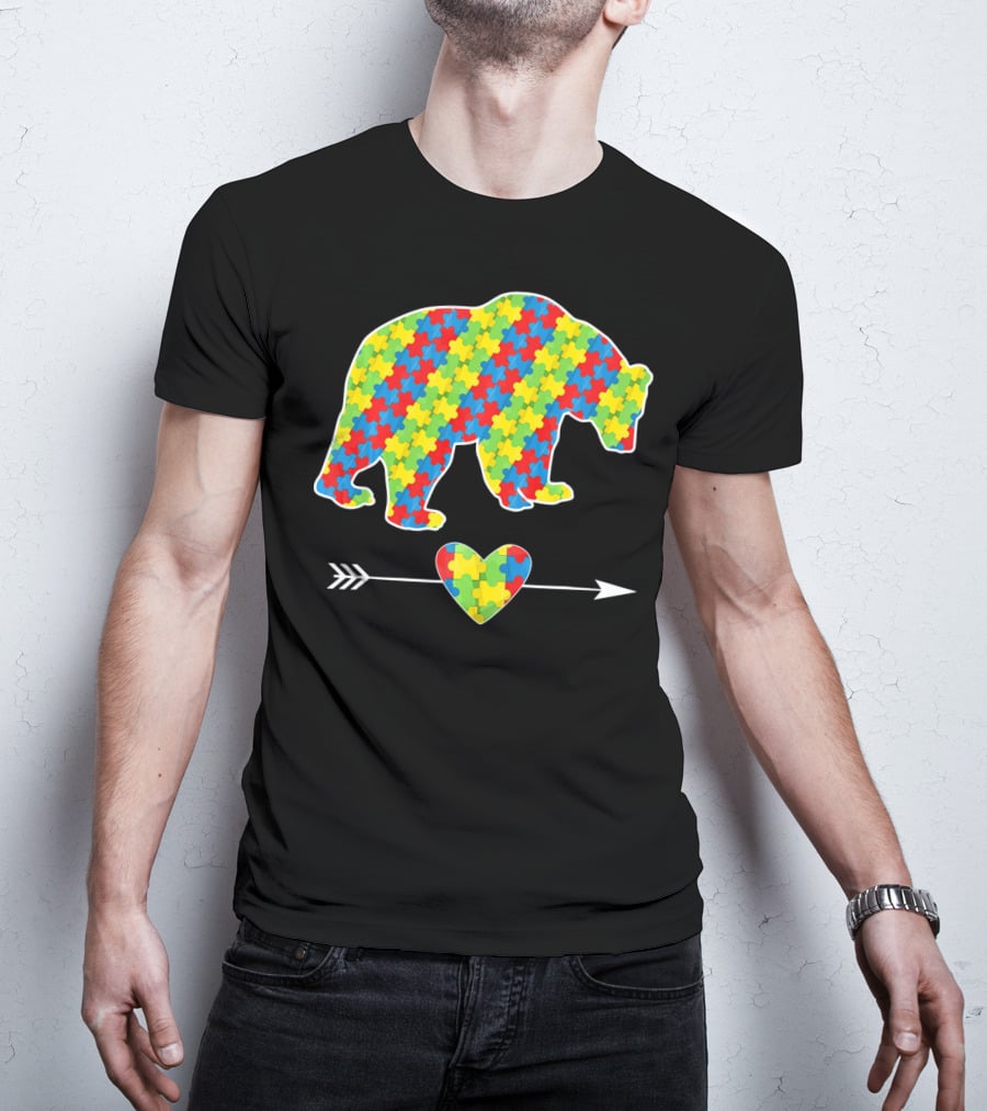 Bear With Puzzle Pieces And Arrow Heart Autism Awareness T-Shirt