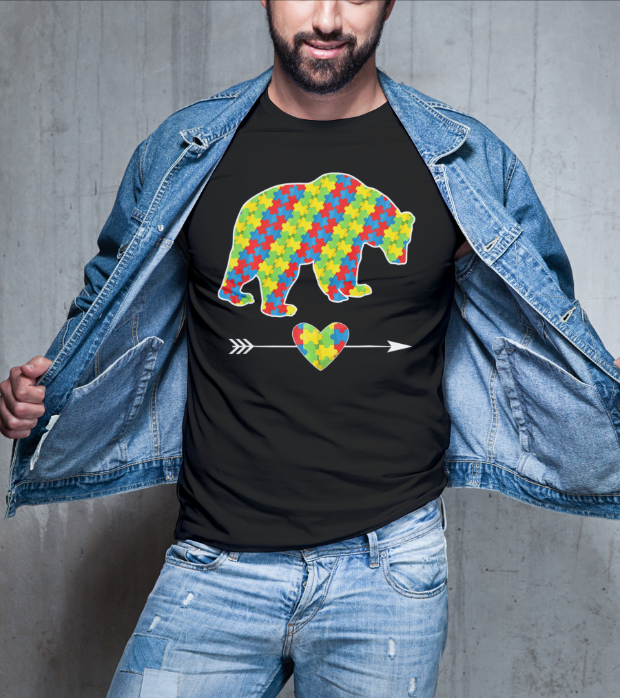 Bear With Puzzle Pieces And Arrow Heart Autism Awareness T-Shirt