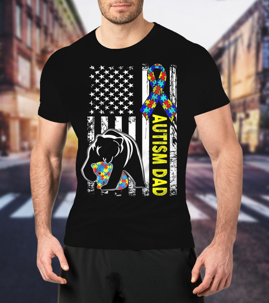 Autism Dad Awareness Bear American Flag Puzzle T-Shirt