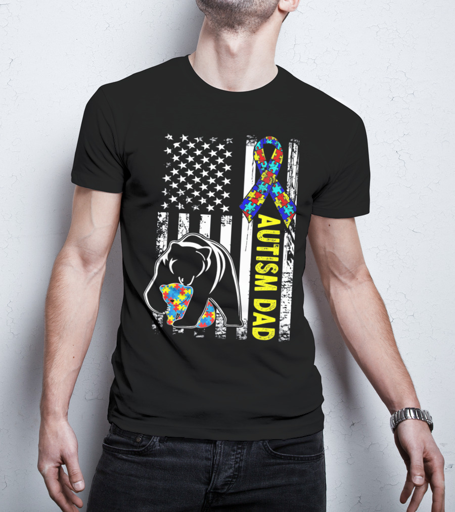 Autism Dad Awareness Bear American Flag Puzzle T-Shirt