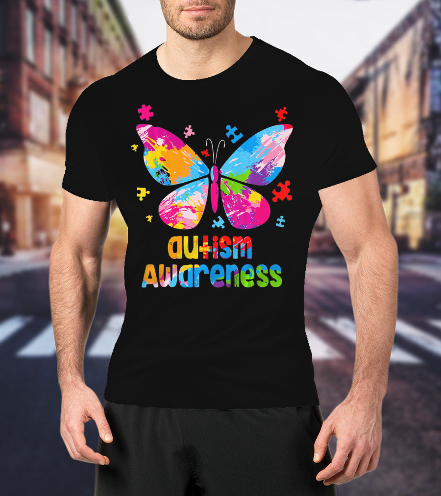 Colorful Butterfly Autism Awareness Puzz Puzzle Pieces T-Shirt