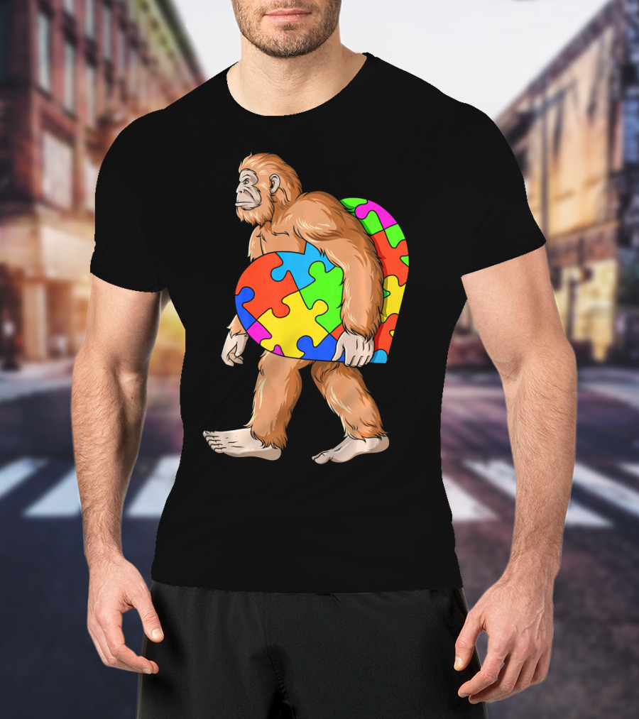Bigfoot Holding Heart-Shaped Autism Awareness Puzzle T-Shirt