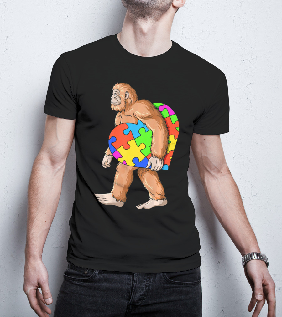 Bigfoot Holding Heart-Shaped Autism Awareness Puzzle T-Shirt