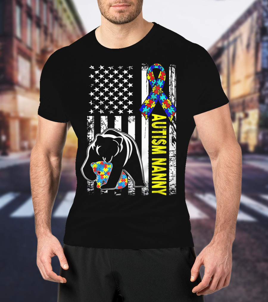 Autism Nanny Puzzle Ribbon Bear American Flag Awareness T-Shirt