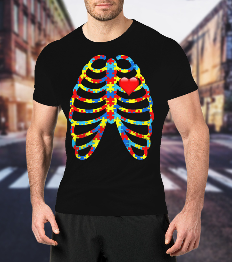 Colorful Puzzle Skeleton Rib Cage Autism Awareness Heart T-Shirt
