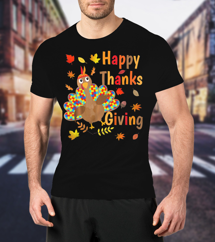 Happy Thanksgiving Turkey Autism Awareness Puzzle Piece Leaves T-Shirt