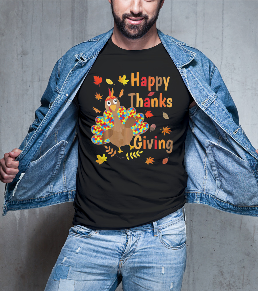 Happy Thanksgiving Turkey Autism Awareness Puzzle Piece Leaves T-Shirt