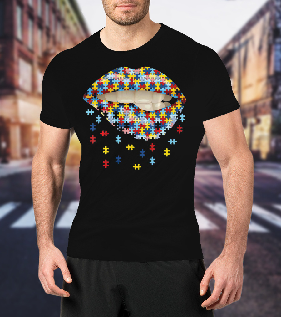 Autism Awareness Puzzle Pieces Lip T-Shirt