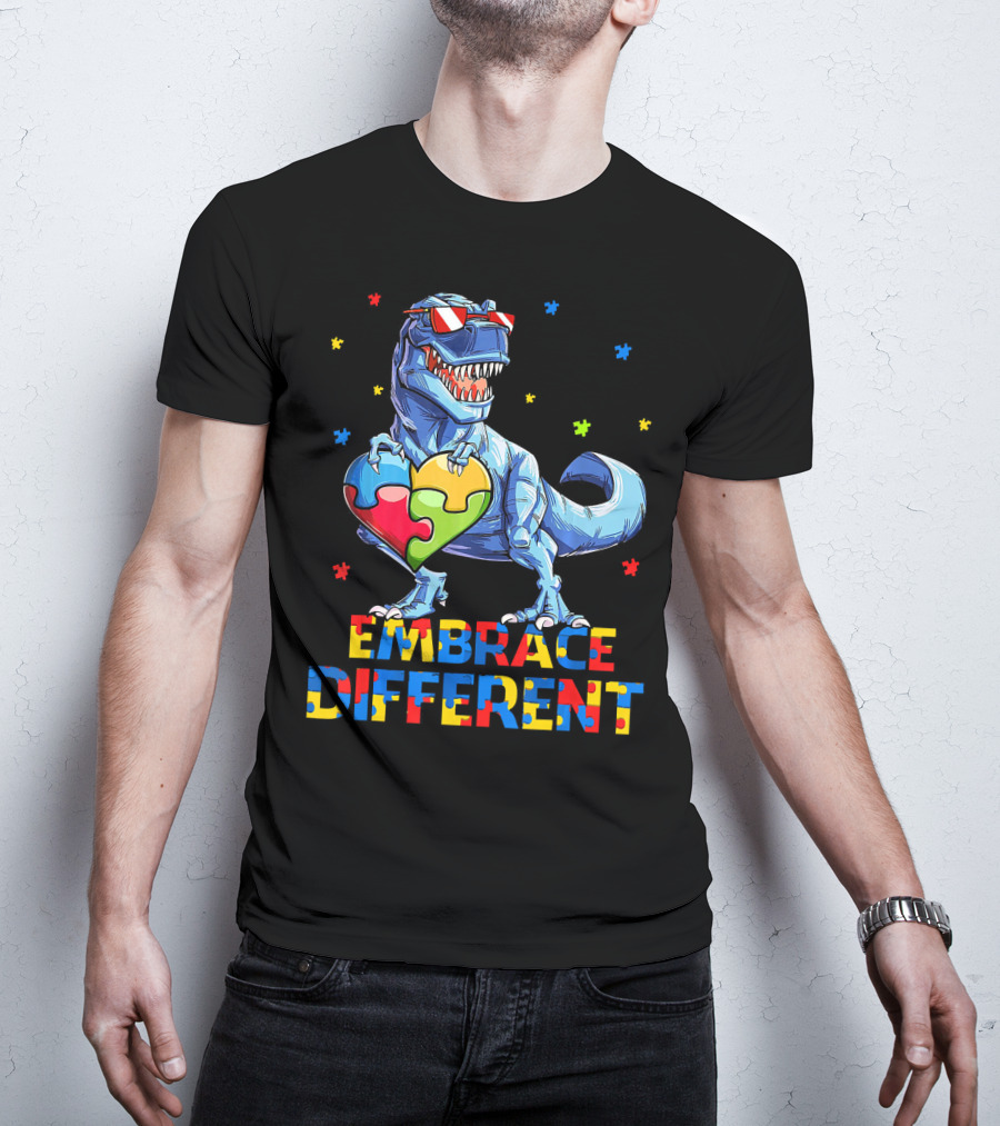 T Rex Embrace Different Autism Awareness Puzzle Heart T-Shirt