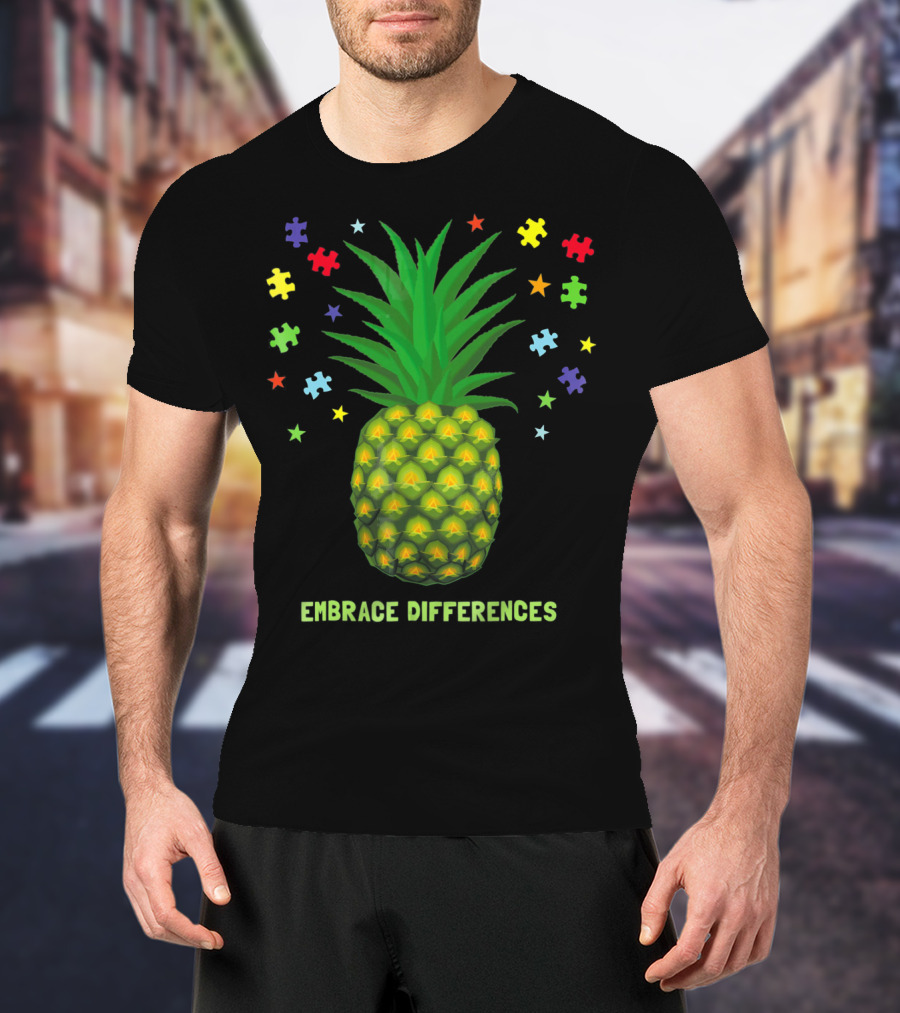 Embrace Differences Autism Awareness Beach Pineapple Puzzle Pieces T-Shirt