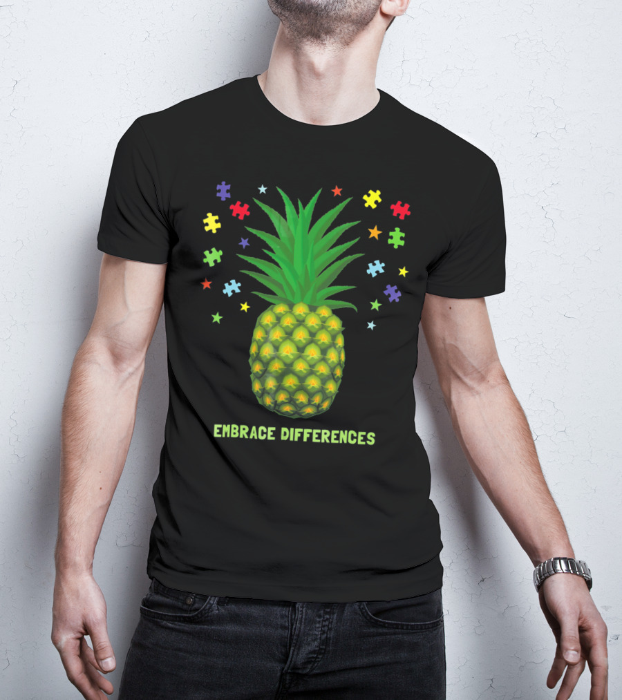 Embrace Differences Autism Awareness Beach Pineapple Puzzle Pieces T-Shirt