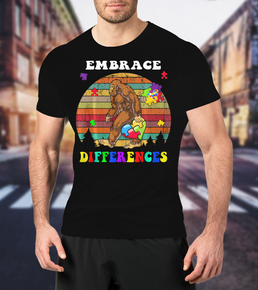 Embrace Differences Autism Awareness Bigfoot With Puzzle Pieces T-Shirt