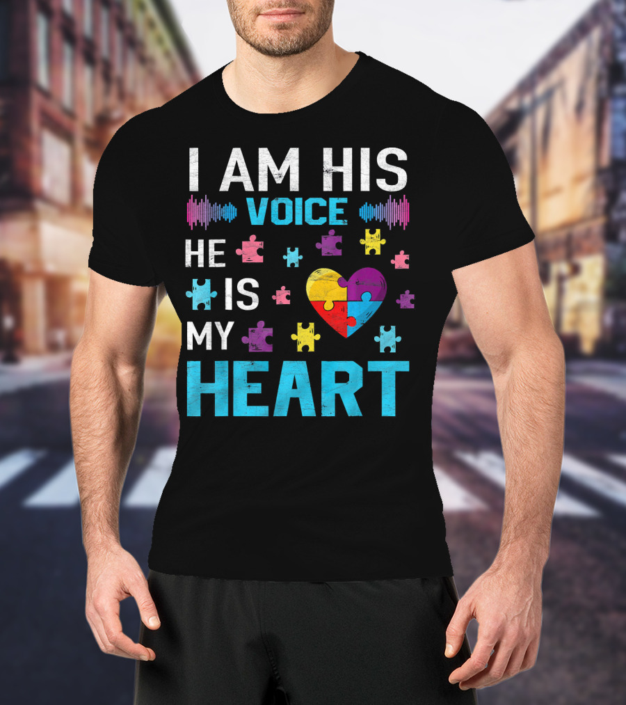 I Am His Voice He Is My Heart Puzzle Heart Autism Awareness T-Shirt