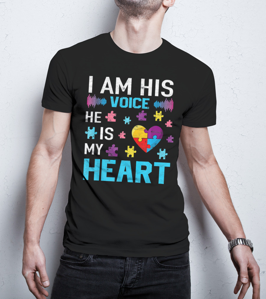 I Am His Voice He Is My Heart Puzzle Heart Autism Awareness T-Shirt