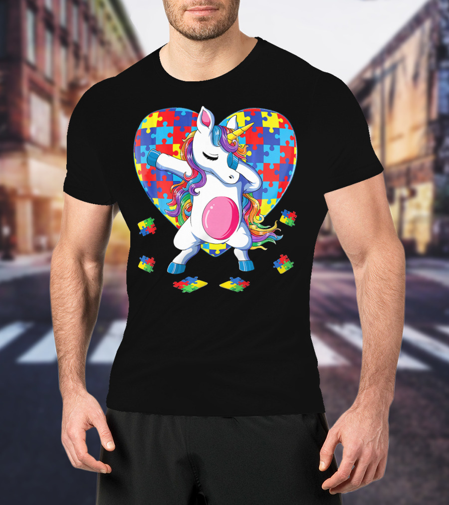 Dabbing Unicorn With Autism Awareness Puzzle Heart T-Shirt