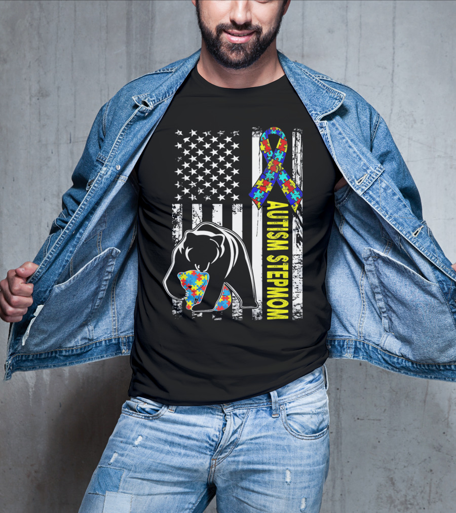 Autism Stepmom Bear American Flag Puzzle T-Shirt