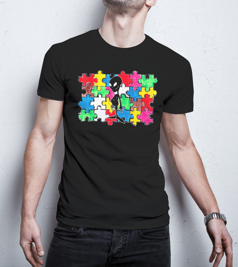 Alien UFO Autism Awareness Puzzle Piece T-Shirt