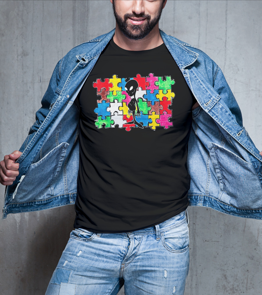 Alien UFO Autism Awareness Puzzle Piece T-Shirt