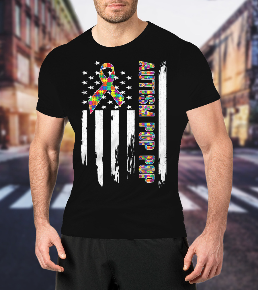 Autism Pop Pop American Flag Puzzle T-Shirt