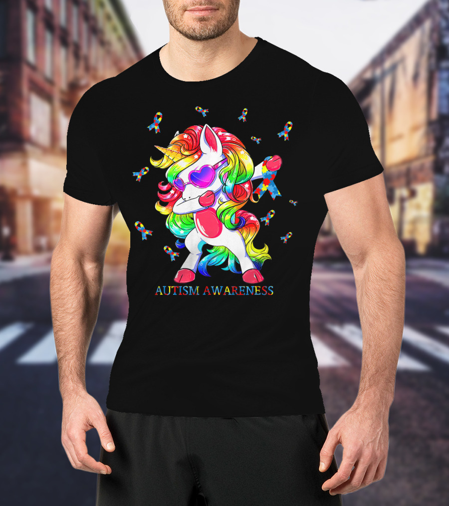Autism Awareness Dabbing Unicorn Puzzle Ribbon T-Shirt