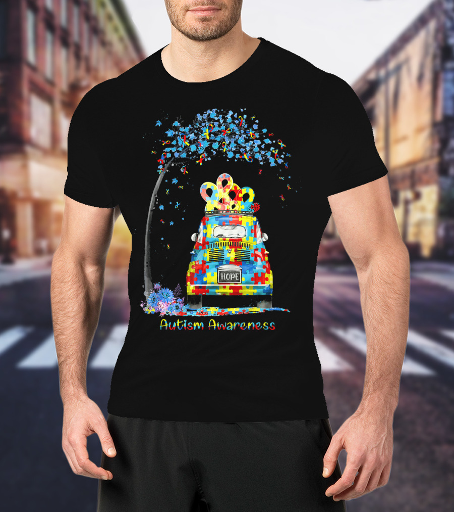 HOPE Hippie Van Puzzle Pieces Ribbon Autism Awareness T-Shirt
