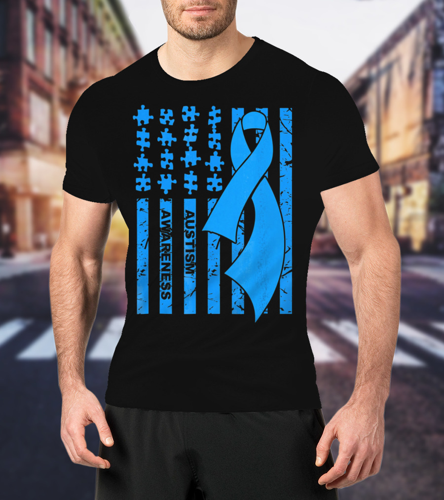 Autism Awareness Flag With Puzzle Pieces And Blue T-Shirt